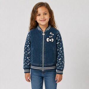 Hello Kitty Sanrio Denim Bomber Jacket Blue Sequin Bow Girls Size 5